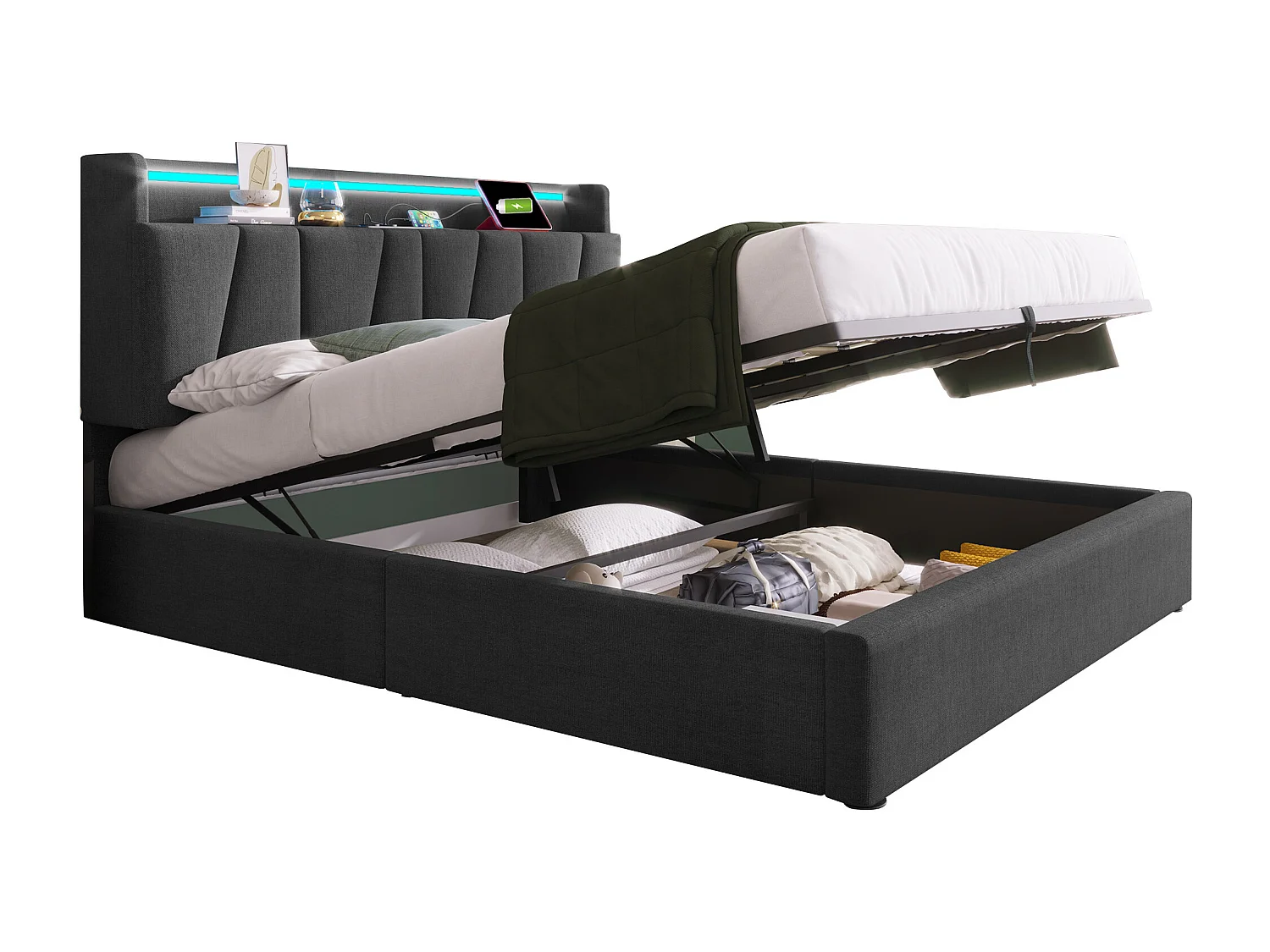 Lit adulte 140x200 cm - avec tête de lit avec rangement, USB, LED - lin gris - matelas inclus