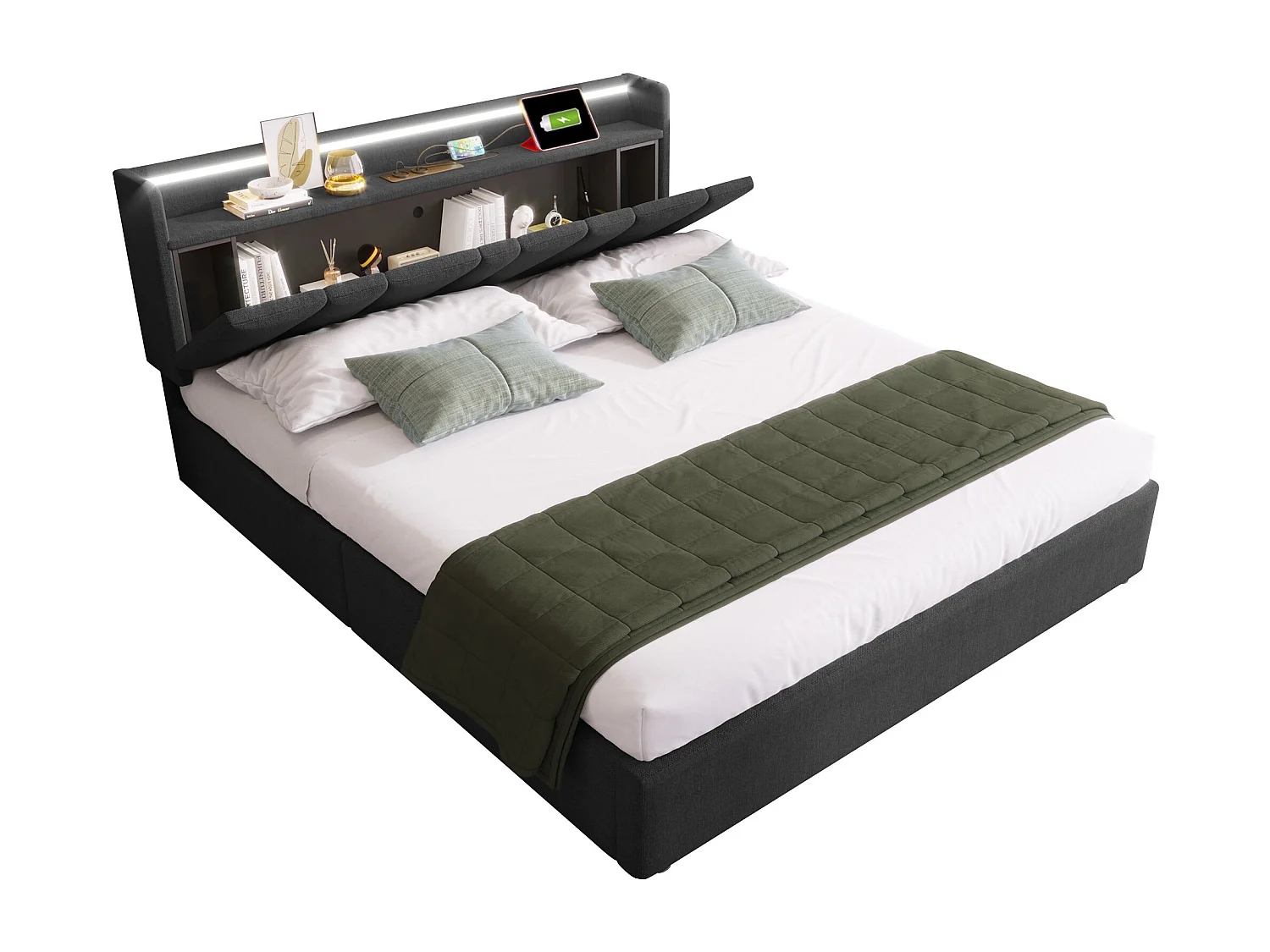 Lit adulte 140x200 cm - avec tête de lit avec rangement, USB, LED - lin gris - matelas inclus