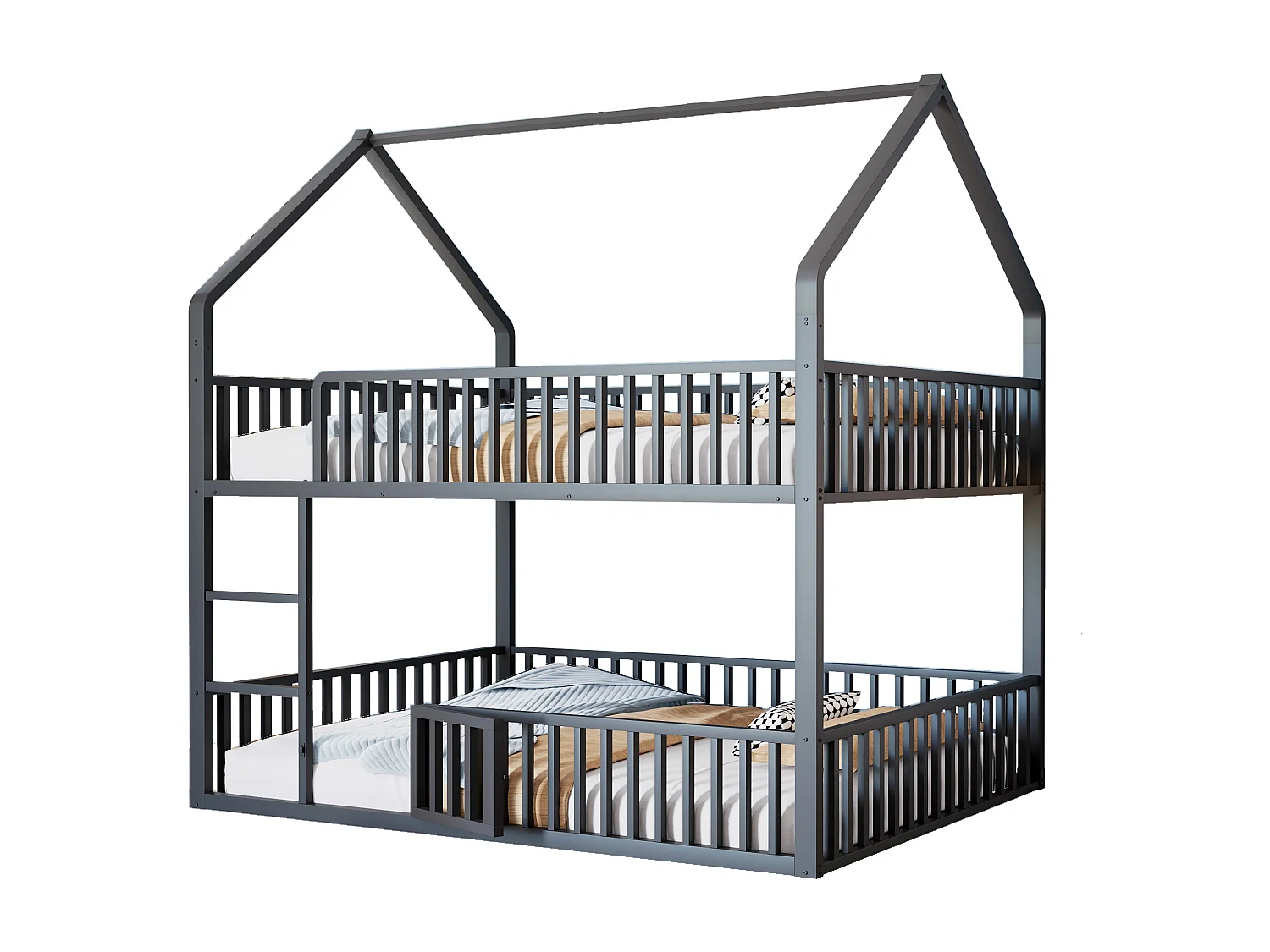 Lit superposé enfant 140x200 cm - avec escalier et barrières de sécurité - noir - sans matelas