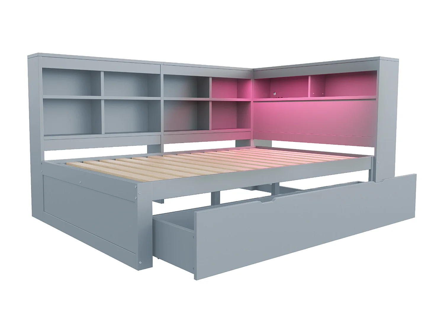 Volwassen bed 140 x 200 cm - met hoofdbord met opbergruimte, lades en planken - grijs