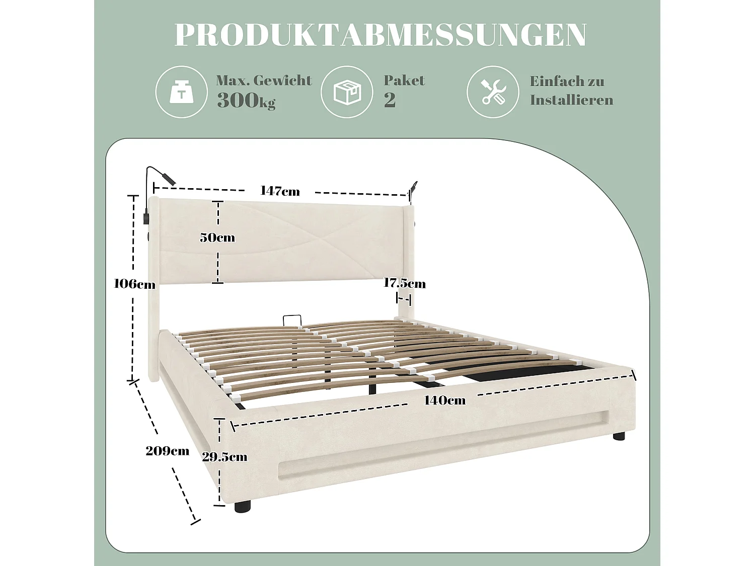 Lit coffre 140x200 cm - avec 2 liseuses et éclairage LED - velours beige - sans matelas