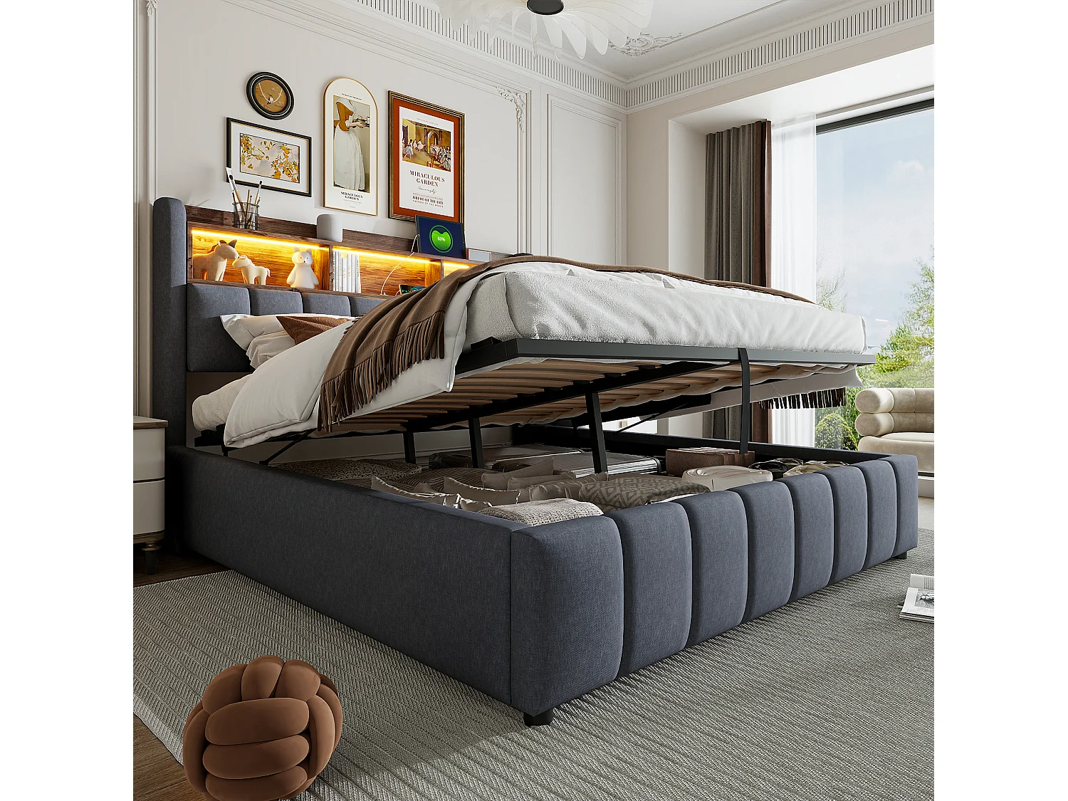 Lit coffre 180x200 cm - Lit adulte avec éclairage LED, USB et Type-C - lin gris - sans matelas