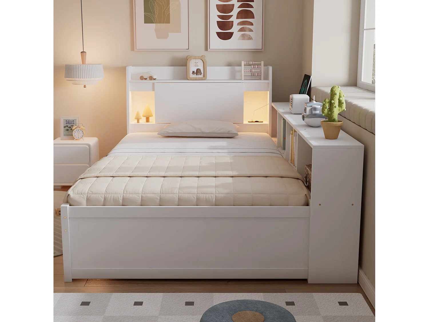 Lit enfant 90x200cm - avec tête de lit avec rangement, 2 tiroirs - blanc - sans matelas