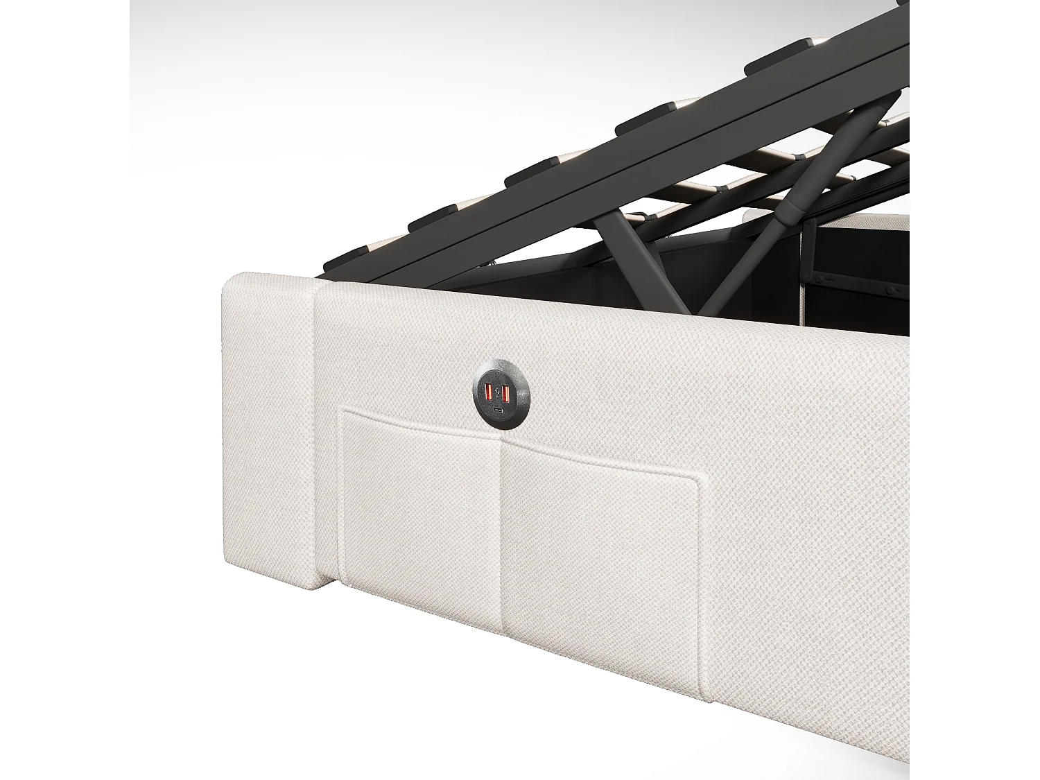 Bett mit Stauraum 140x200 cm – Erwachsenenbett mit LED- und USB-Beleuchtung – beigefarbenes Leinen – ohne Matratze