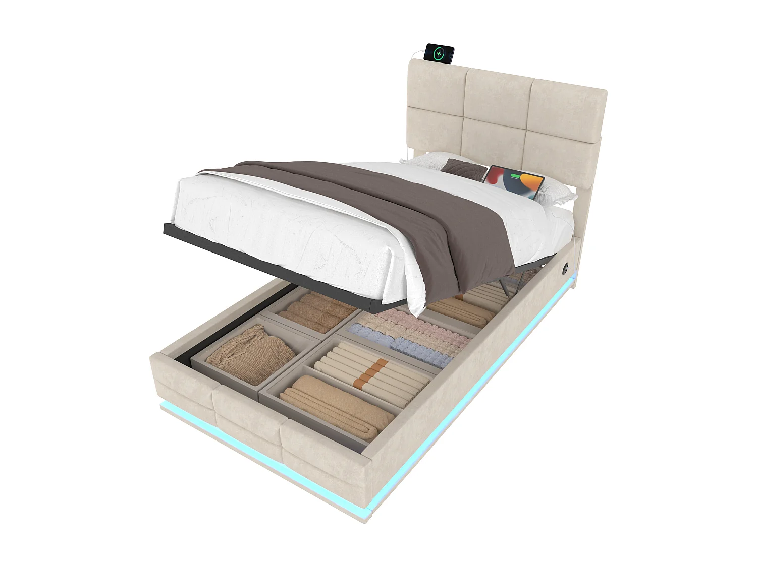 Lit coffre adulte 90x200 cm - avec LED et port USB - velours beige - sans matelas
