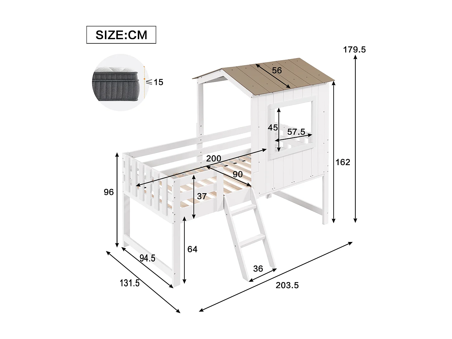 Cama alta de 90 x 200 cm - Cama infantil con madera Escalera y somier de láminas - blanco + natural - colchón no incluido