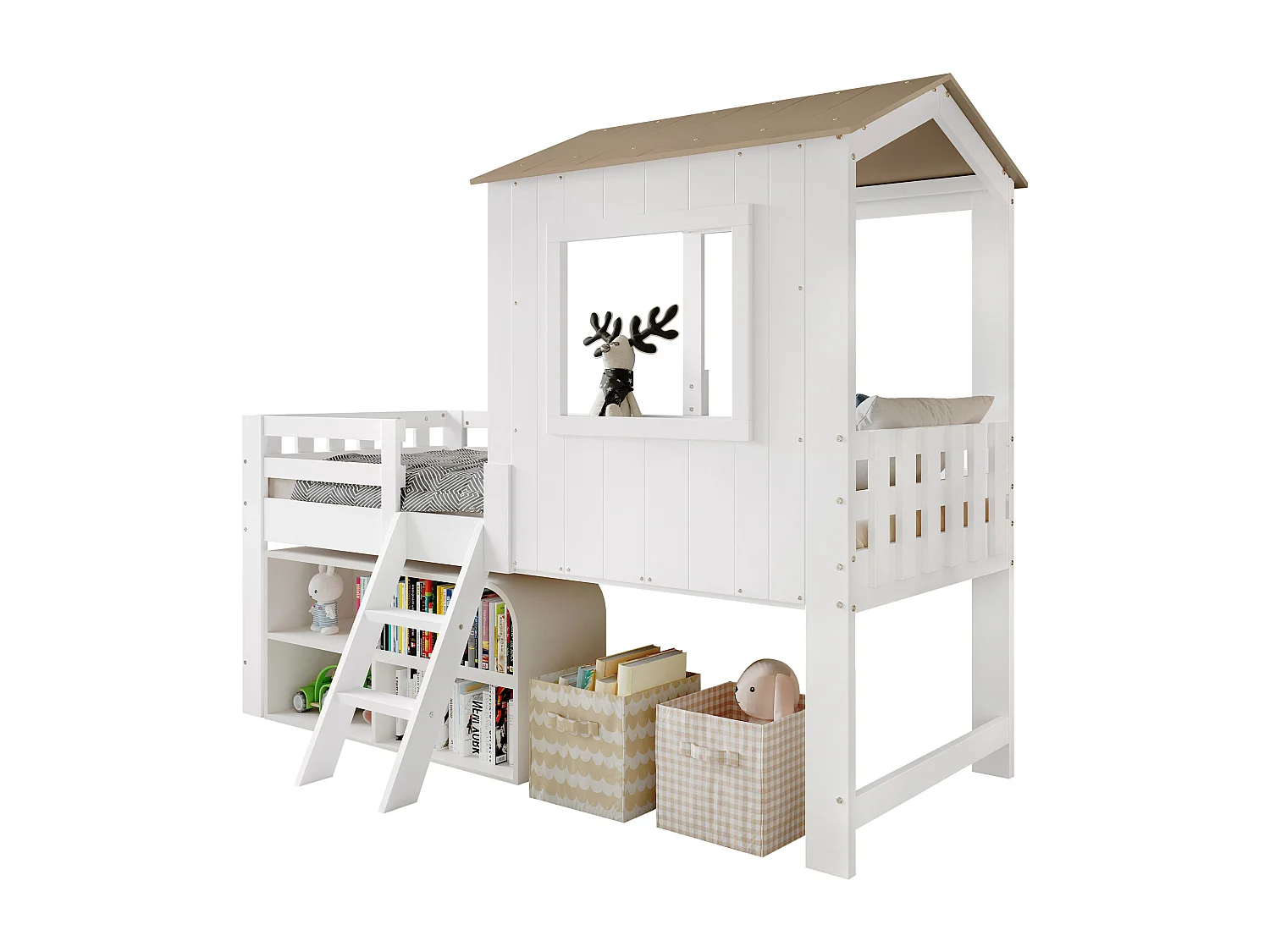 Cama alta de 90 x 200 cm - Cama infantil con madera Escalera y somier de láminas - blanco + natural - colchón no incluido