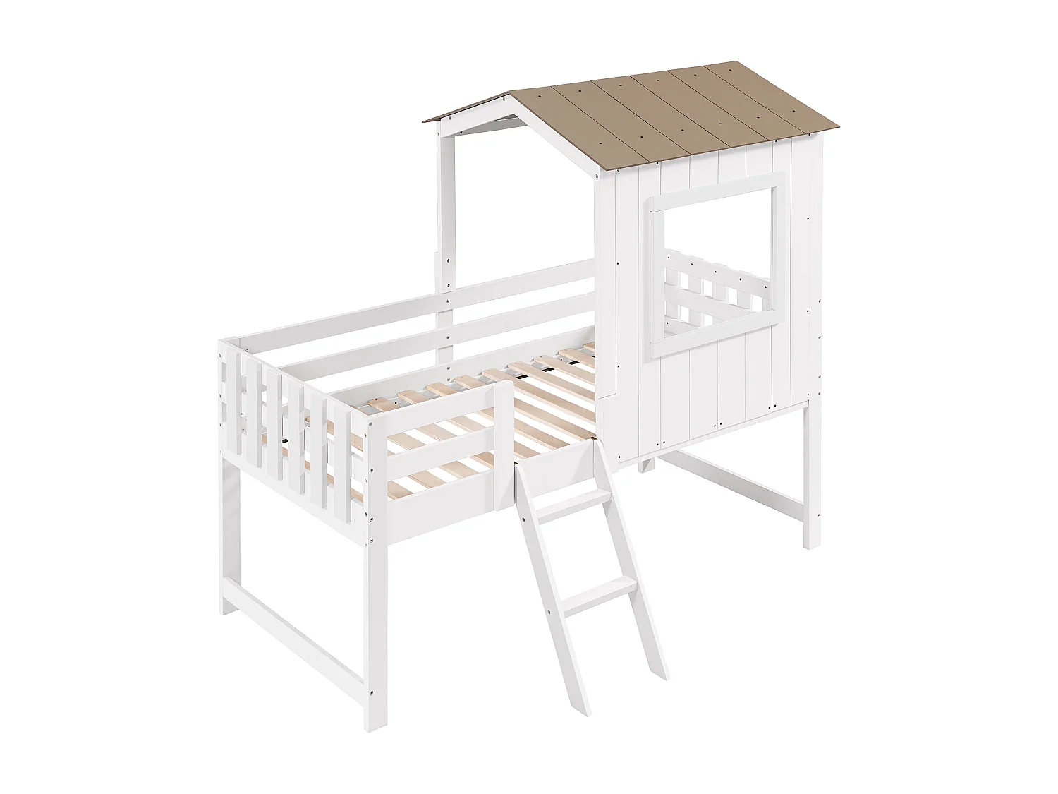 Cama alta de 90 x 200 cm - Cama infantil con madera Escalera y somier de láminas - blanco + natural - colchón no incluido
