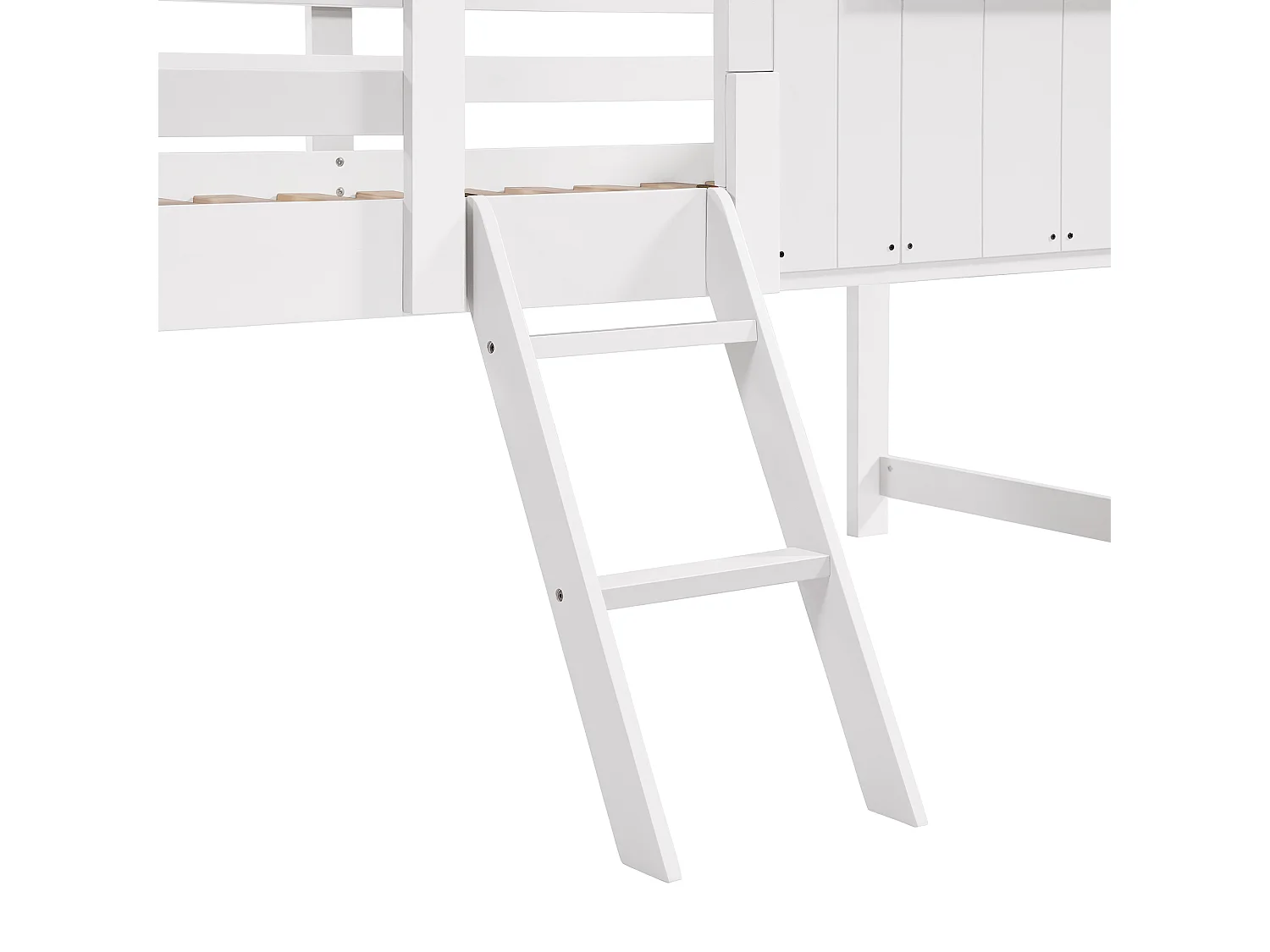 Cama alta de 90 x 200 cm - Cama infantil con madera Escalera y somier de láminas - blanco + natural - colchón no incluido