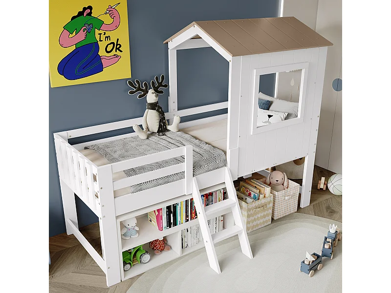 Cama alta de 90 x 200 cm - Cama infantil con madera Escalera y somier de láminas - blanco + natural - colchón no incluido