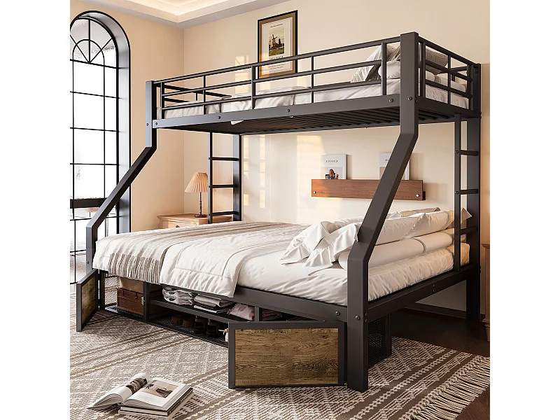 Lit superposé 90/140x200 cm - Lit enfant avec sommier à lattes métalliques et étagère à chaussures - noir - sans matelas