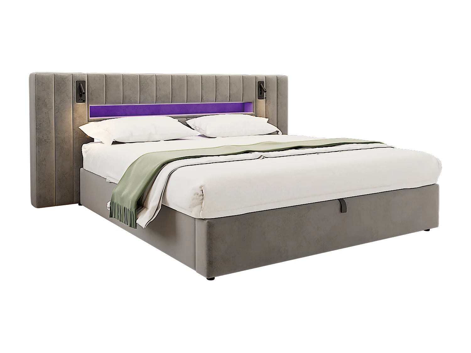 Letto per adulti 180x200 cm - con porte USB e USB-C, illuminazione a LED - in velluto - grigio - materasso non incluso