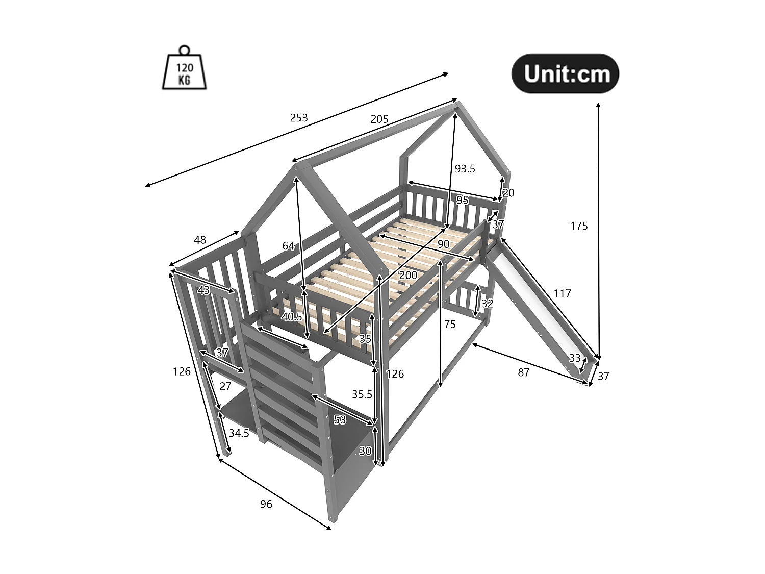 Stapelbed 90x200 cm - Kinderbed met trap en glijbaan - grijs - zonder matras