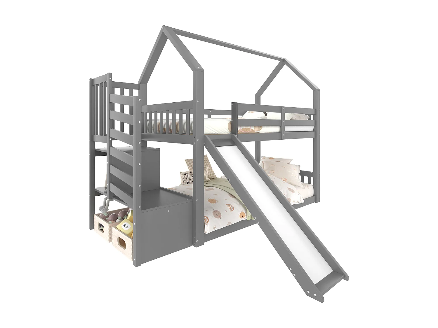 Stapelbed 90x200 cm - Kinderbed met trap en glijbaan - grijs - zonder matras