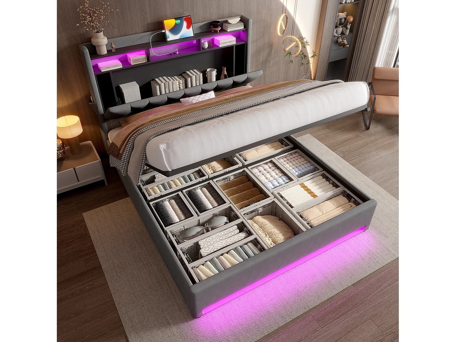 Letto contenitore 160 x 200 cm - con testiera con contenitore e illuminazione a LED - velluto grigio - senza materasso