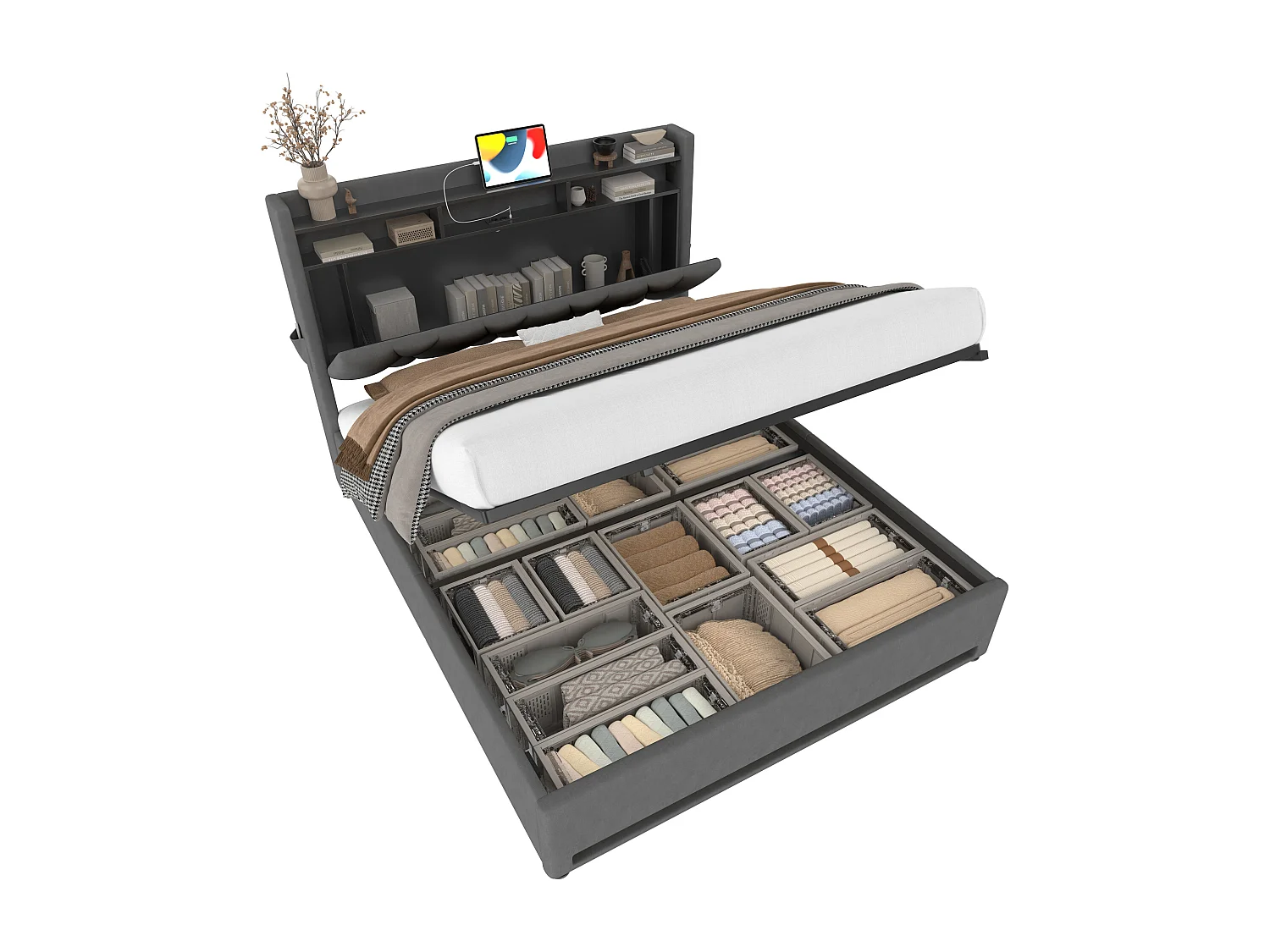 Letto contenitore 160 x 200 cm - con testiera con contenitore e illuminazione a LED - velluto grigio - senza materasso