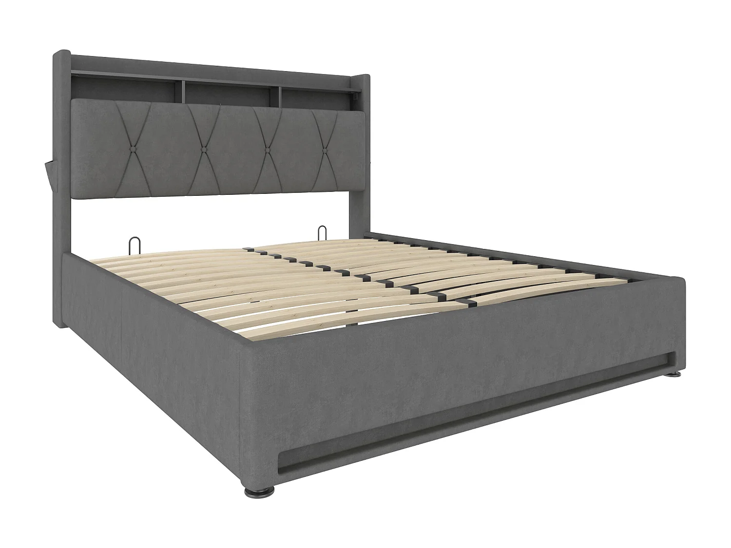 Letto contenitore 160 x 200 cm - con testiera con contenitore e illuminazione a LED - velluto grigio - senza materasso