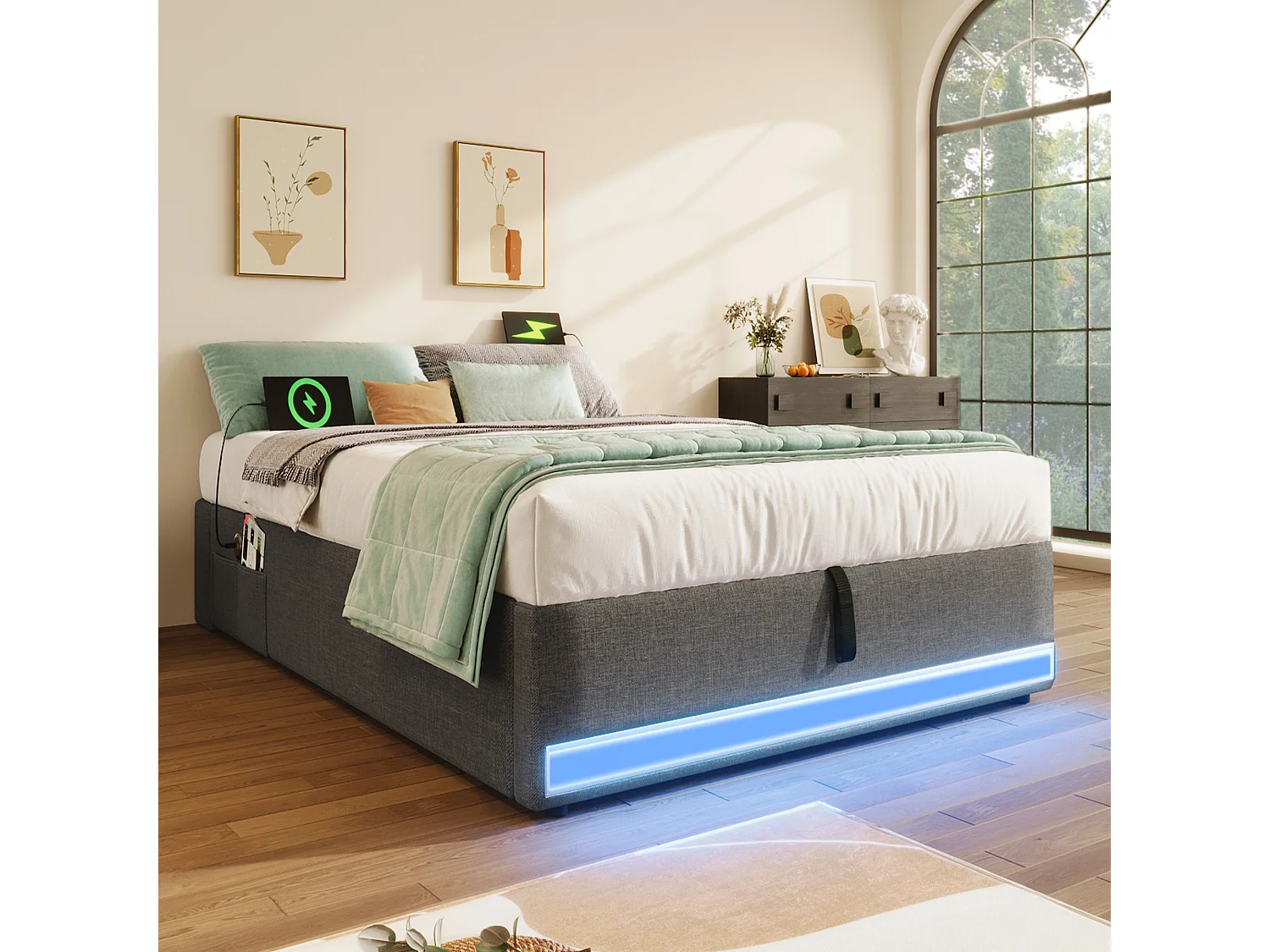 Bett mit Stauraum 90x200 cm – Kinderbett mit LED- und USB-Beleuchtung – graues Leinen – ohne Matratze