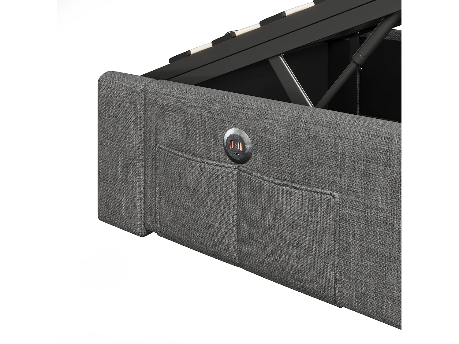 Bett mit Stauraum 90x200 cm – Kinderbett mit LED- und USB-Beleuchtung – graues Leinen – ohne Matratze