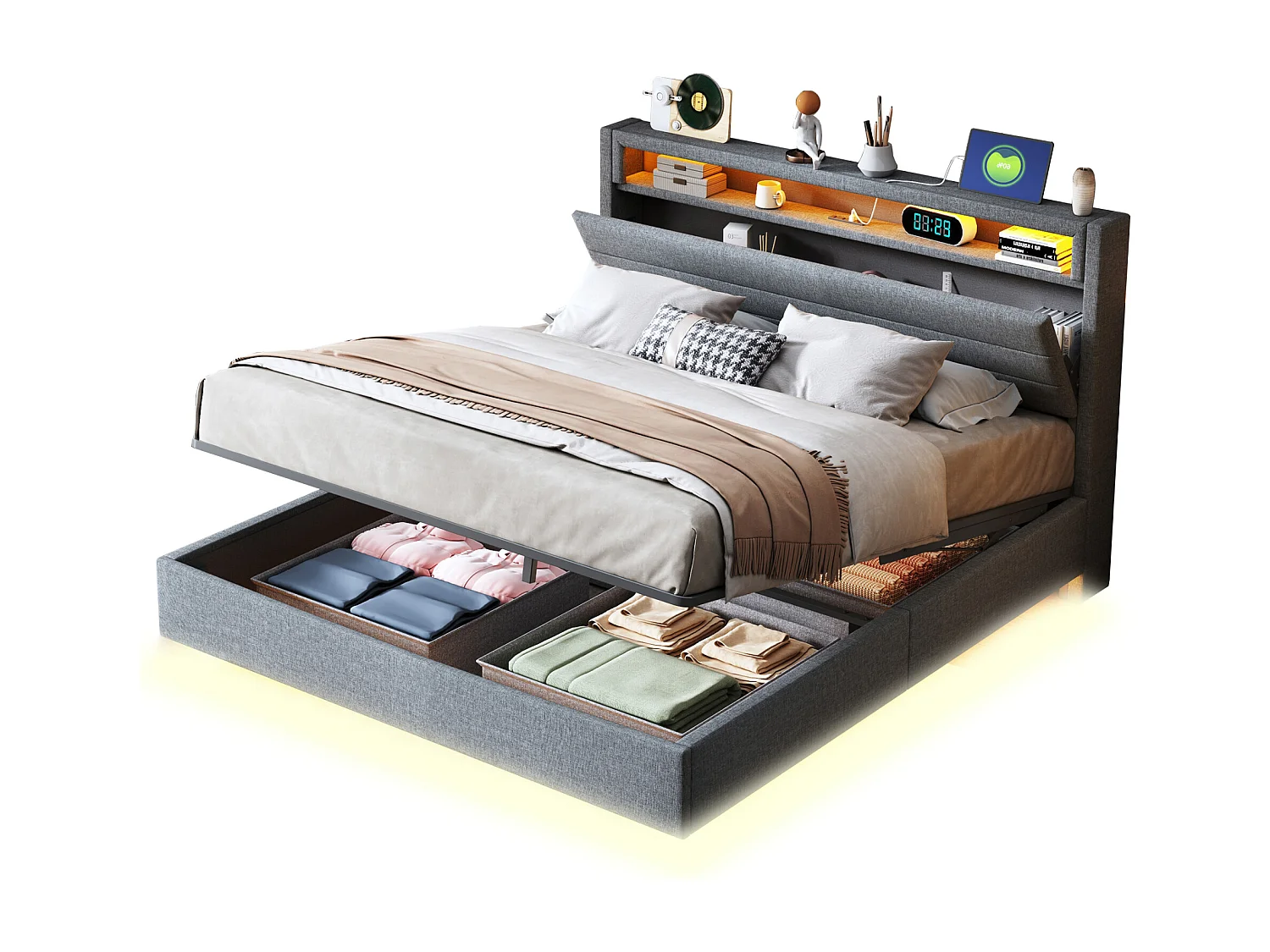 Bed met opbergruimte 140 x 200 cm - met hoofdbord met opbergruimte en ledverlichting - linnen - grijs