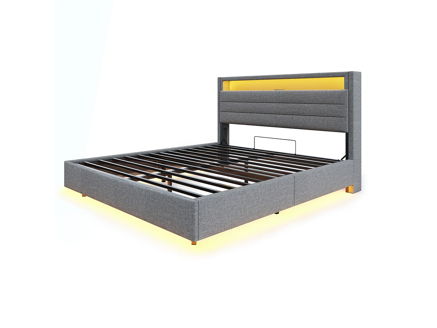 Bed met opbergruimte 140 x 200 cm - met hoofdbord met opbergruimte en ledverlichting - linnen - grijs