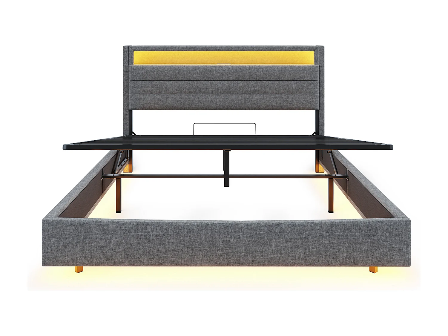 Bed met opbergruimte 140 x 200 cm - met hoofdbord met opbergruimte en ledverlichting - linnen - grijs