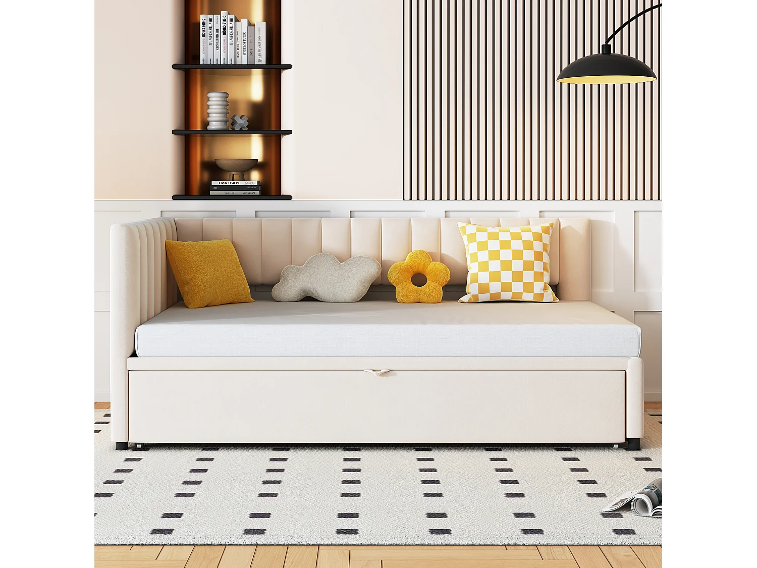 Lit gigogne 90x200 cm - Lit enfant avec sommier à lattes - velours beige