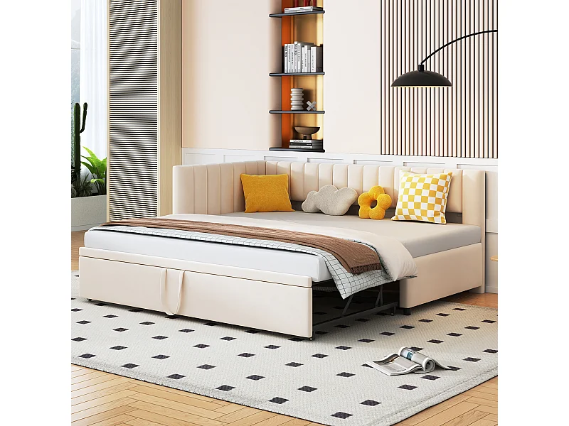 Lit gigogne 90x200 cm - Lit enfant avec sommier à lattes - velours beige