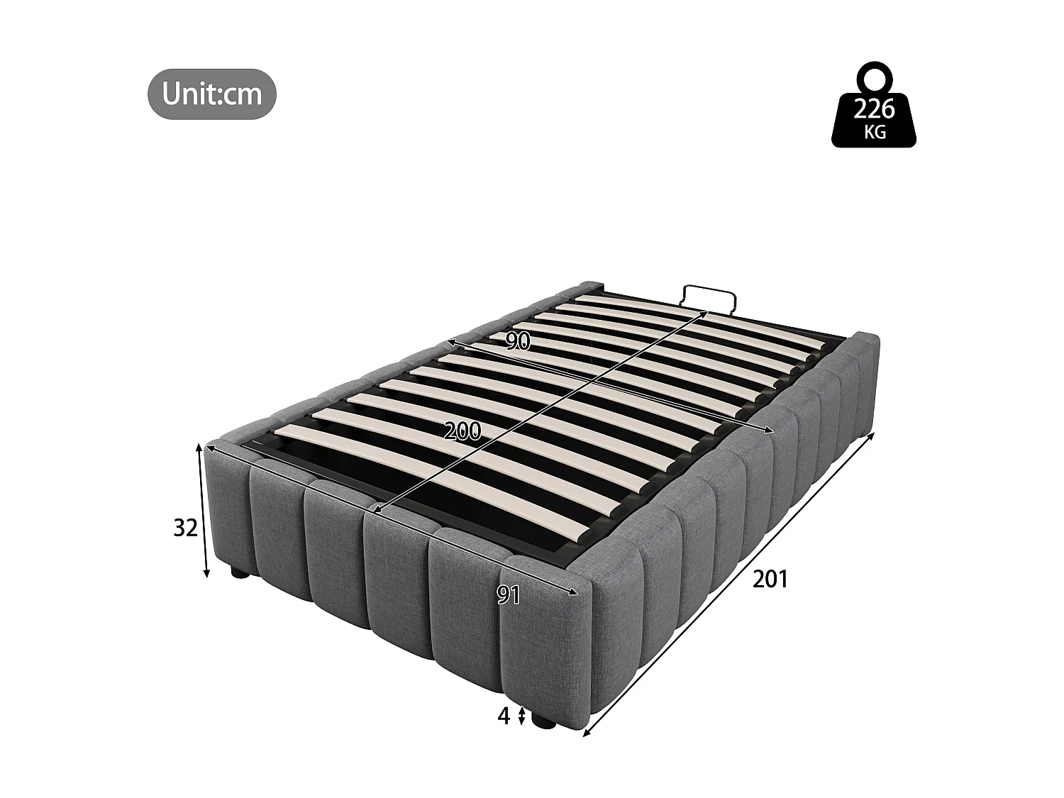 Lit coffre 90 x 200 cm - avec hydraulique - lin gris - sans matelas