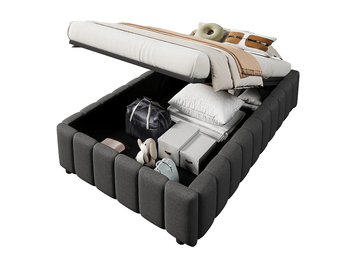 Lit coffre 90 x 200 cm - avec hydraulique - lin gris - sans matelas