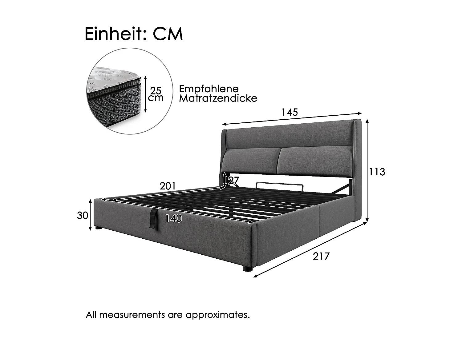 Lit coffre 140x200 cm - avec appui-tête réglable - lin - gris - matelas inclus