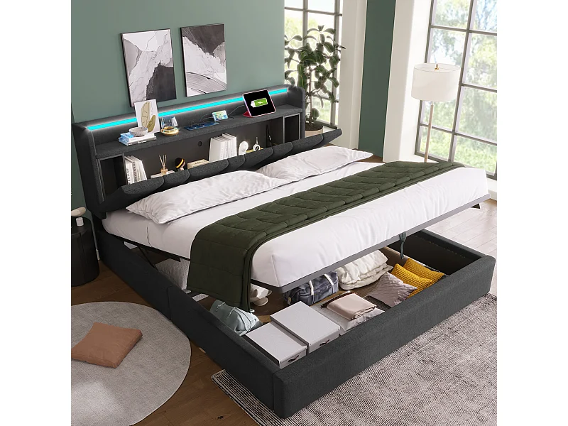 Lit adulte 140x200cm - avec tête de lit avec rangement, USB, LED, sommier à lattes - en lin - gris - sans matelas