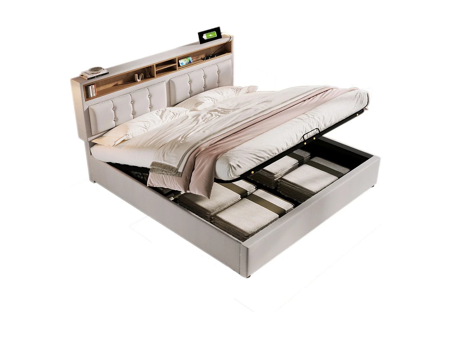 Bett mit Stauraum 140x200 cm – mit Kopfteil mit Stauraum, USB- und USB-C-Anschluss – beiger Leinenbezug – Matratze inklusive