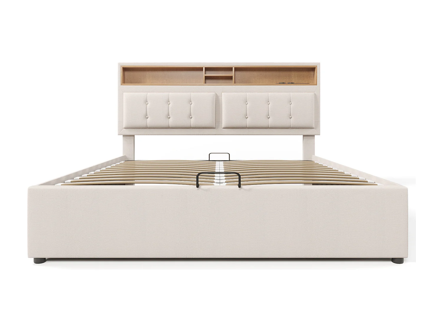 Bett mit Stauraum 140x200 cm – mit Kopfteil mit Stauraum, USB- und USB-C-Anschluss – beiger Leinenbezug – Matratze inklusive