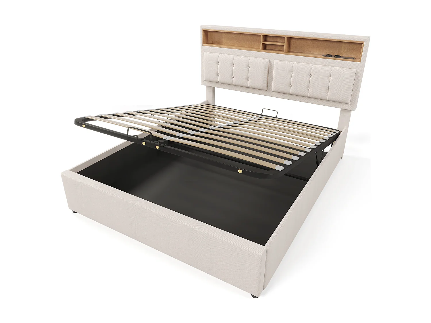 Bett mit Stauraum 140x200 cm – mit Kopfteil mit Stauraum, USB- und USB-C-Anschluss – beiger Leinenbezug – Matratze inklusive