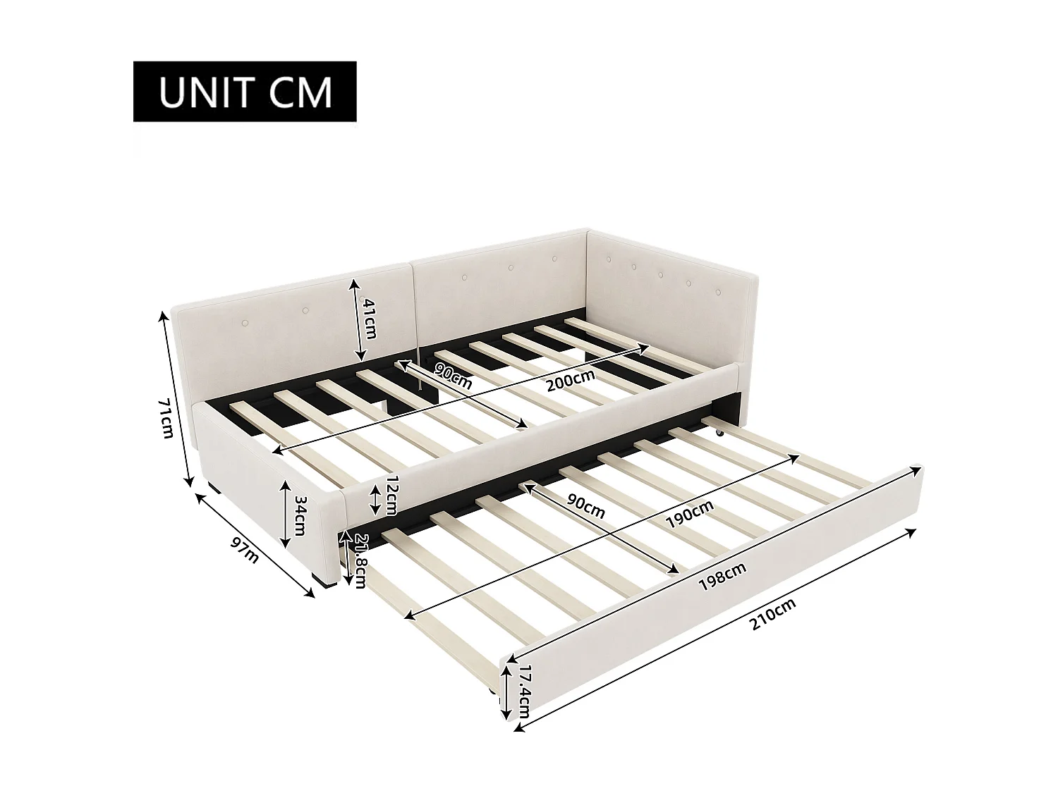 Lit enfant 90x200 cm - avec tête de lit, sommier à lattes - velours beige - sans matelas