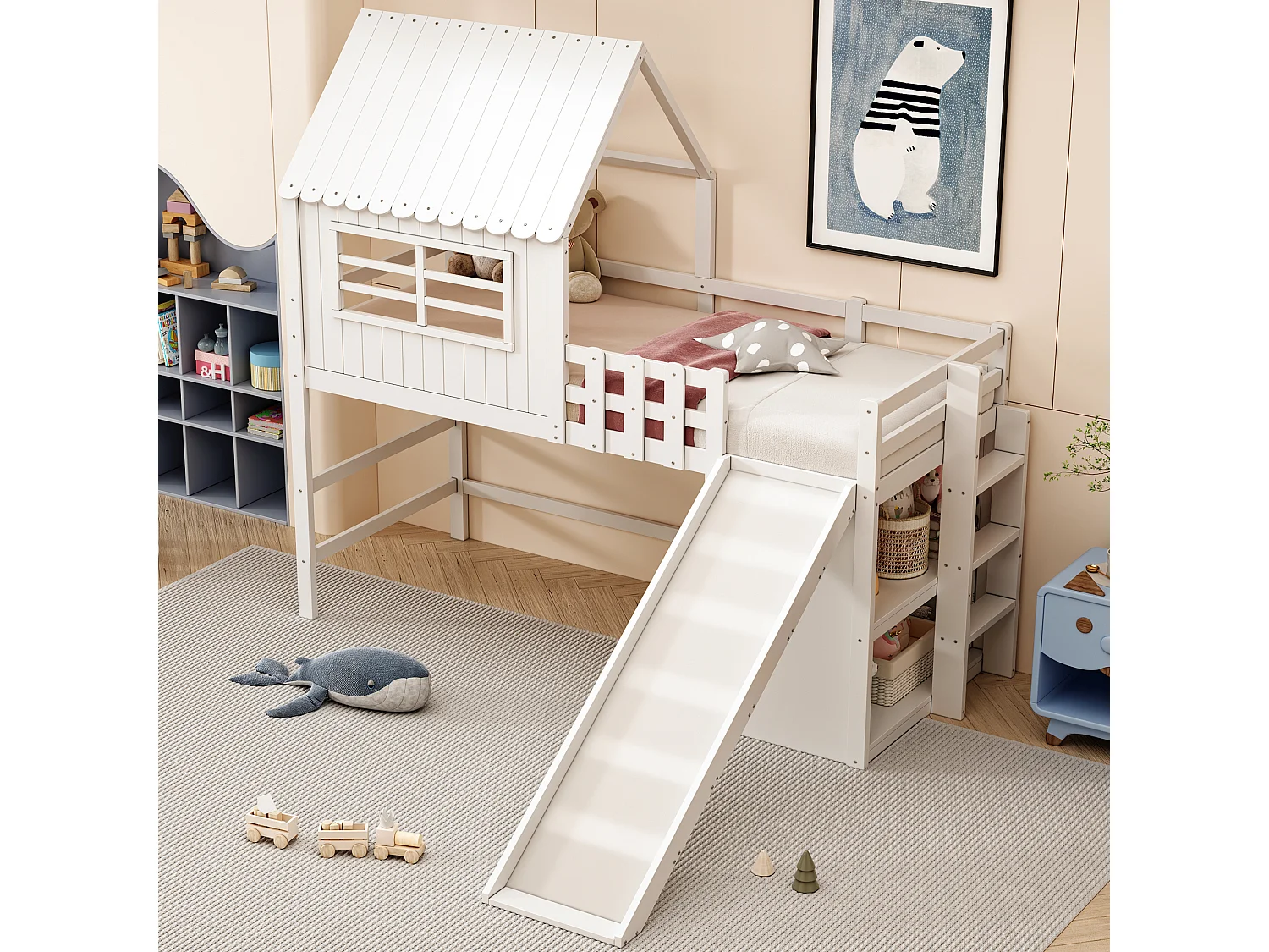 Lit mezzanine 90x200 cm - Lit enfant avec toboggan et échelle, étagères de rangement - blanc - sans matelas