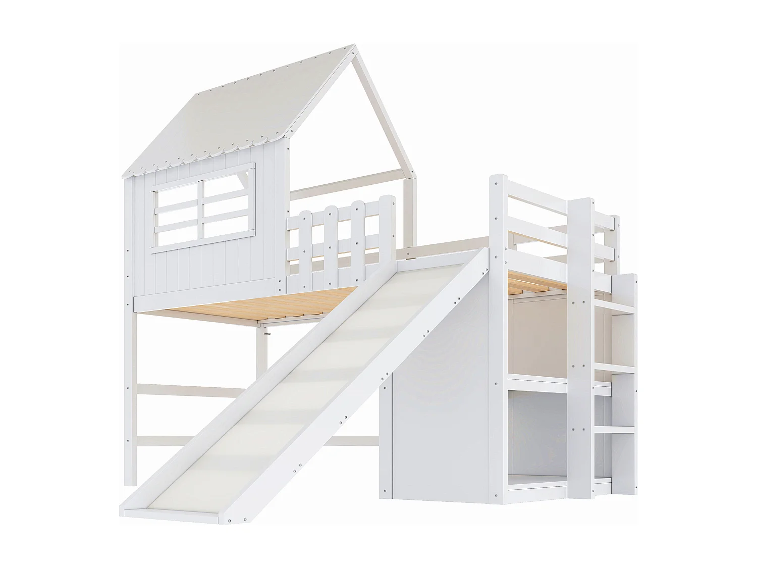 Lit mezzanine 90x200 cm - Lit enfant avec toboggan et échelle, étagères de rangement - blanc - sans matelas