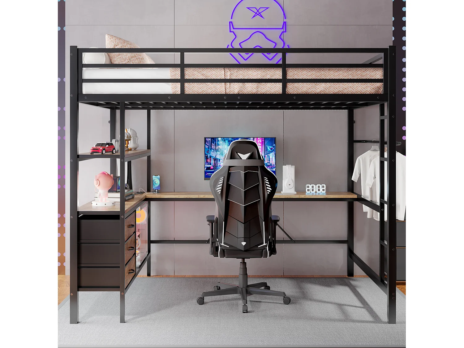 Bett mit erhöhtem Bettgestell 140 x 200 cm – mit LED-Beleuchtung und 3 Schubladen – schwarz – ohne Matratze