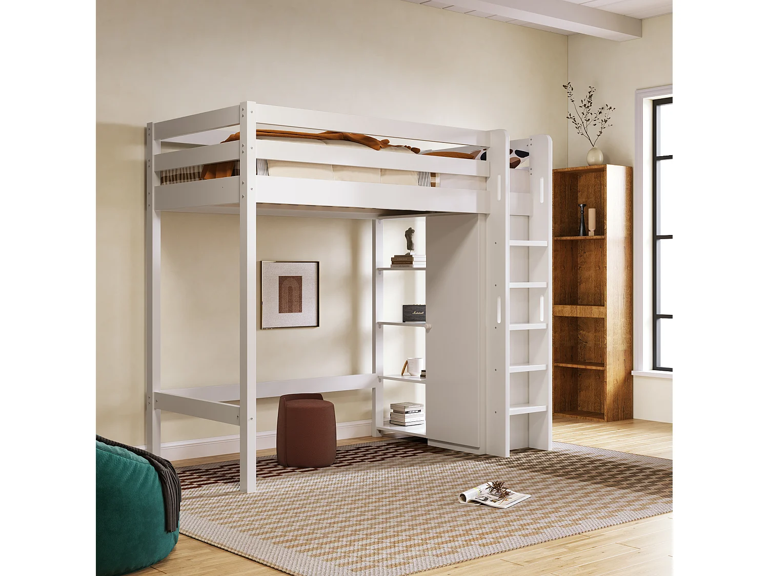 Hochbett 90 x 200 cm – mit Regalen und Lattenrost – weiß – Matratze nicht enthalten