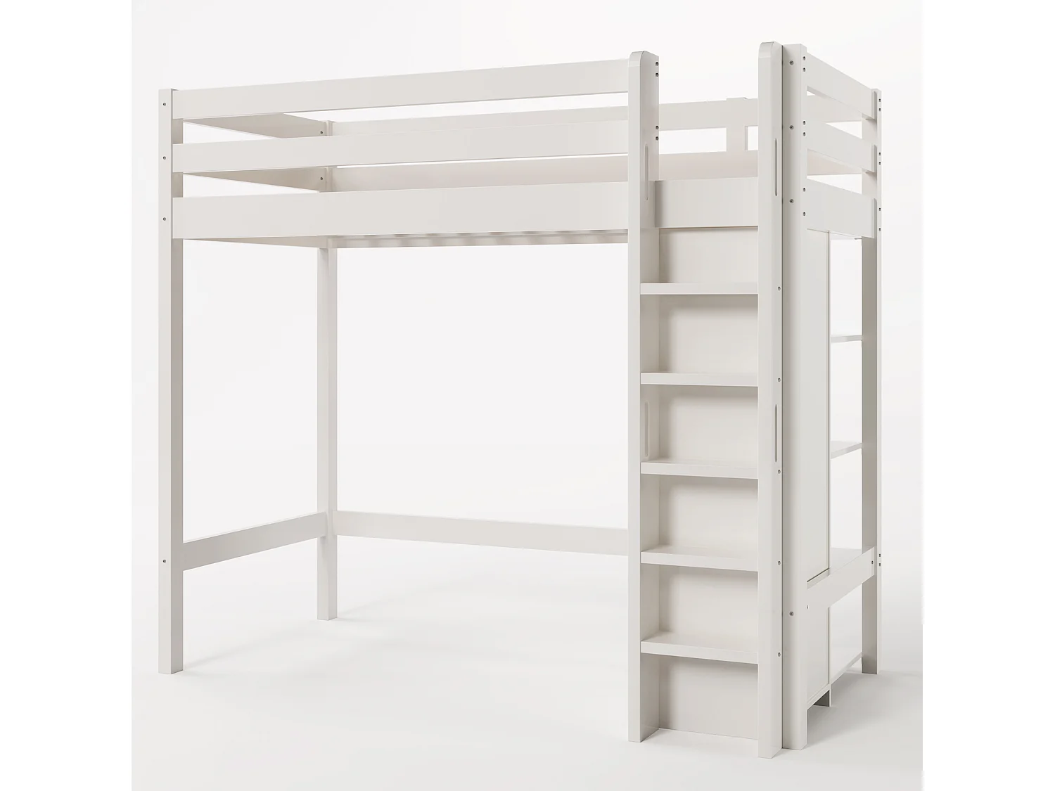 Hochbett 90 x 200 cm – mit Regalen und Lattenrost – weiß – Matratze nicht enthalten