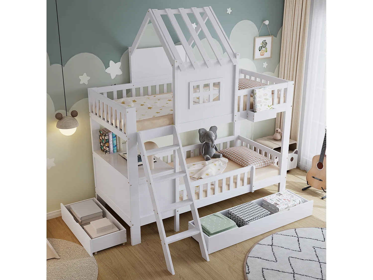 Etagenbett 90 x 200 cm – Kinder-Hochbett mit 2 Schubladen und Schreibtisch – weiß – Matratze nicht enthalten