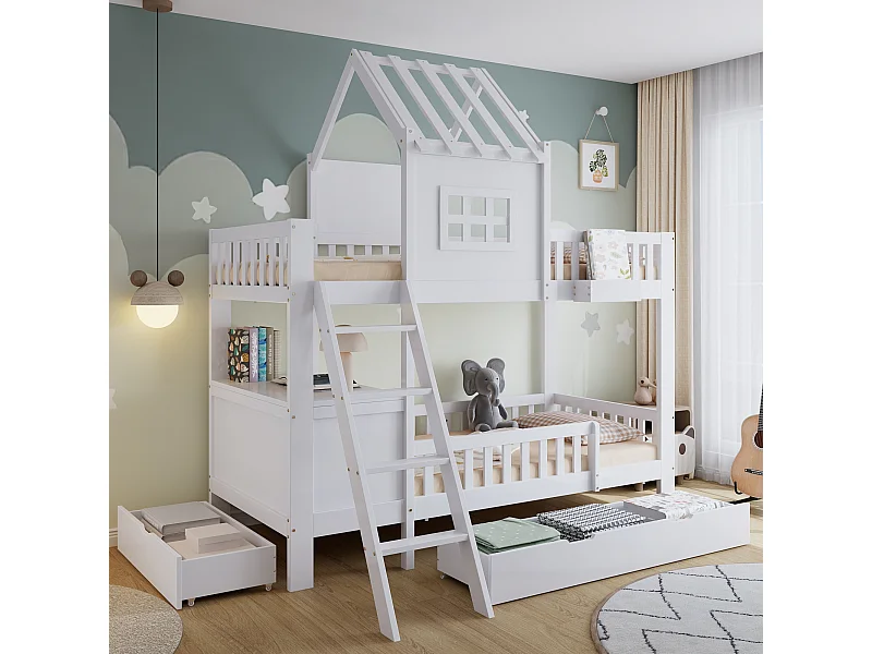 Lit superposé 90x200cm - Lit cabane enfant avec 2 tiroirs, bureau - blanc - sans matelas