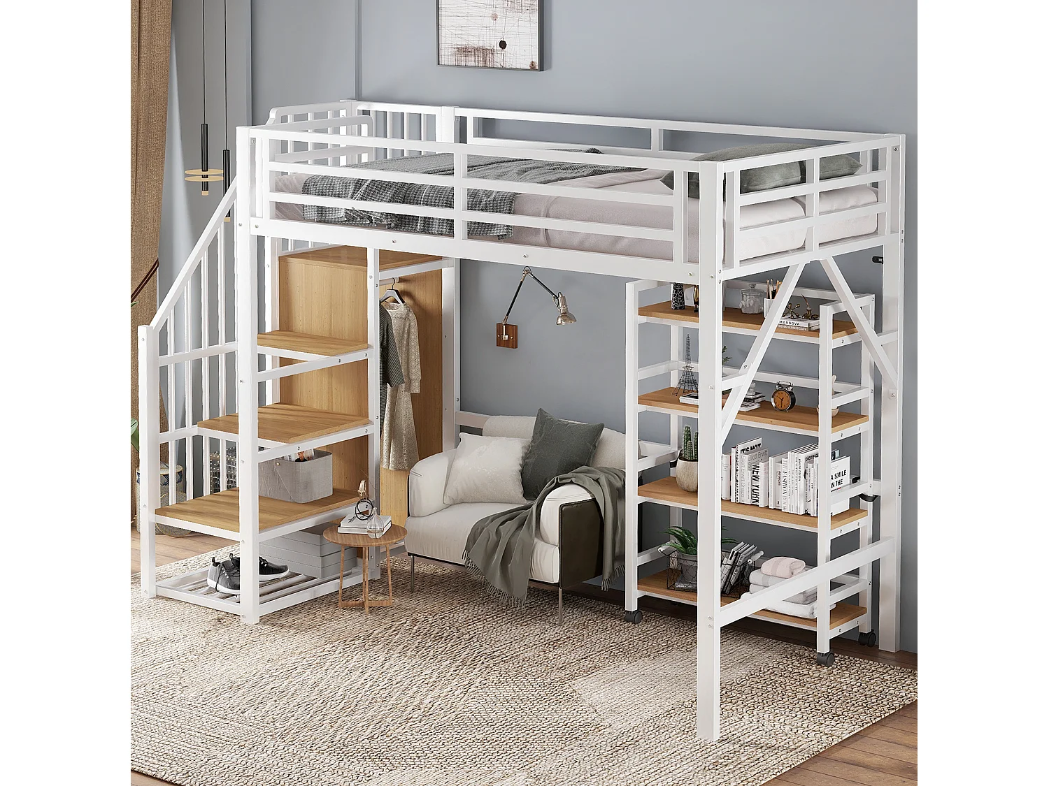 Schalenbett 90x200 cm – Jugendbett mit Kleiderschrank und Regalen – weiß und natur – ohne Matratze