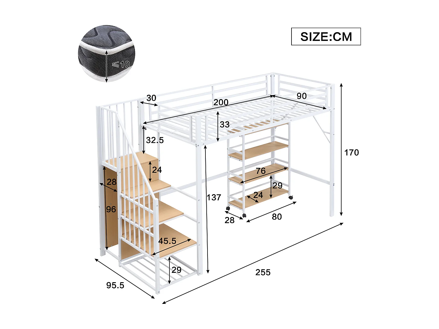Schalenbett 90x200 cm – Jugendbett mit Kleiderschrank und Regalen – weiß und natur – ohne Matratze