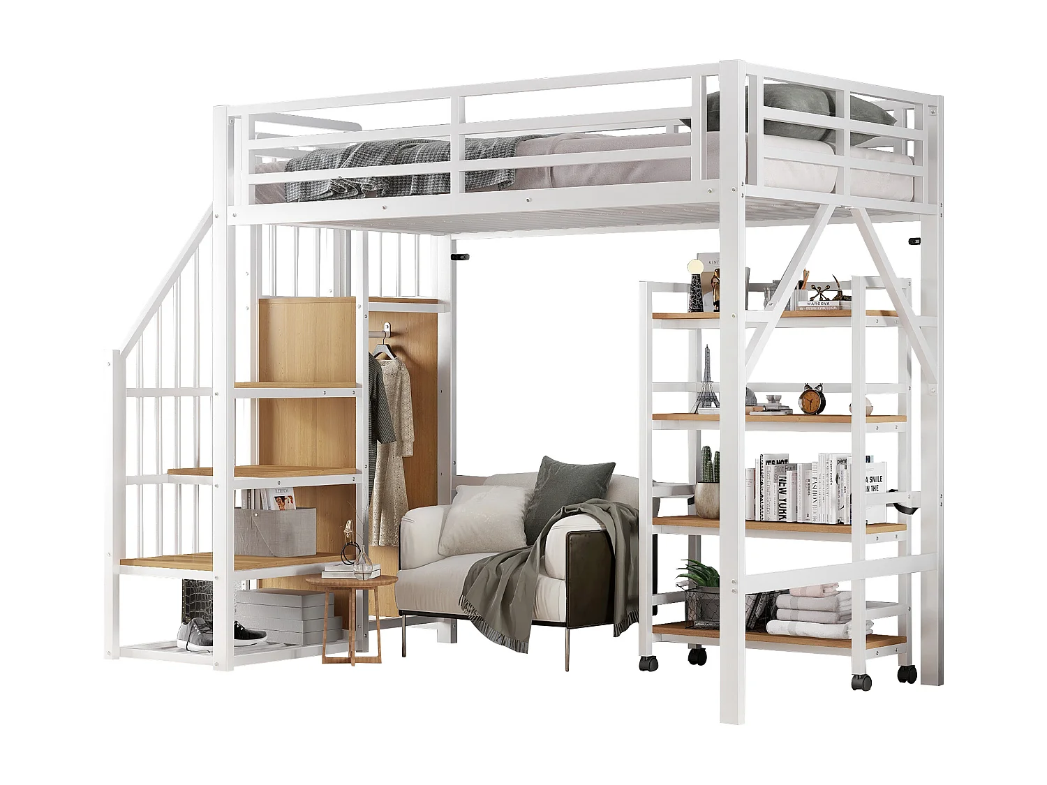 Schalenbett 90x200 cm – Jugendbett mit Kleiderschrank und Regalen – weiß und natur – ohne Matratze