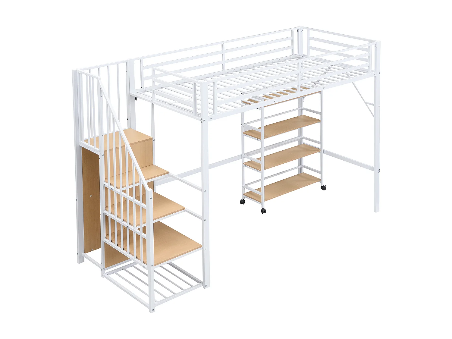 Schalenbett 90x200 cm – Jugendbett mit Kleiderschrank und Regalen – weiß und natur – ohne Matratze