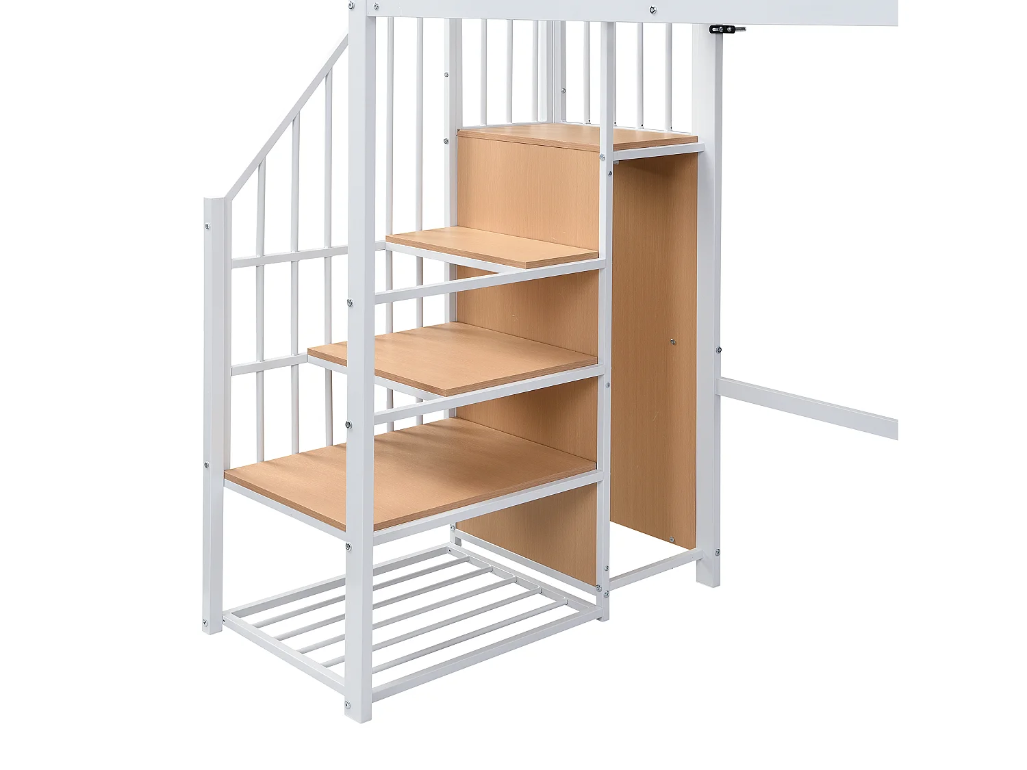 Schalenbett 90x200 cm – Jugendbett mit Kleiderschrank und Regalen – weiß und natur – ohne Matratze