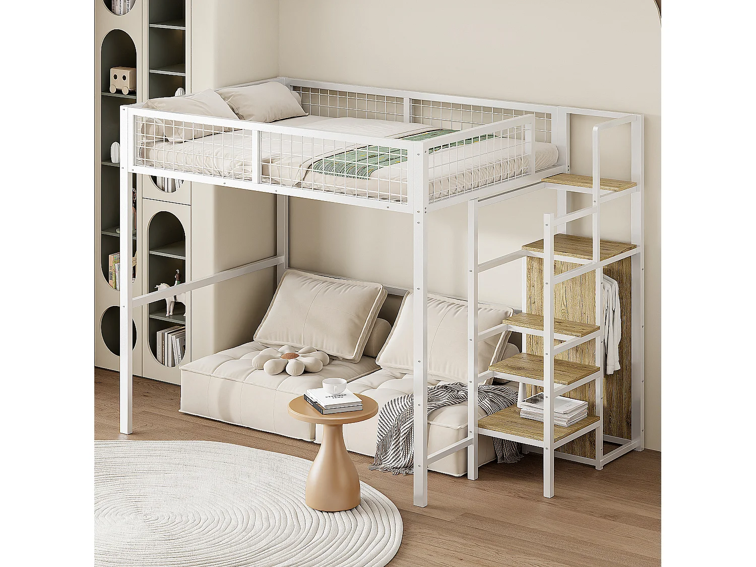 Hochbett 140 x 200 cm – mit Treppe und Kleiderschrank – weiß – Matratze nicht enthalten