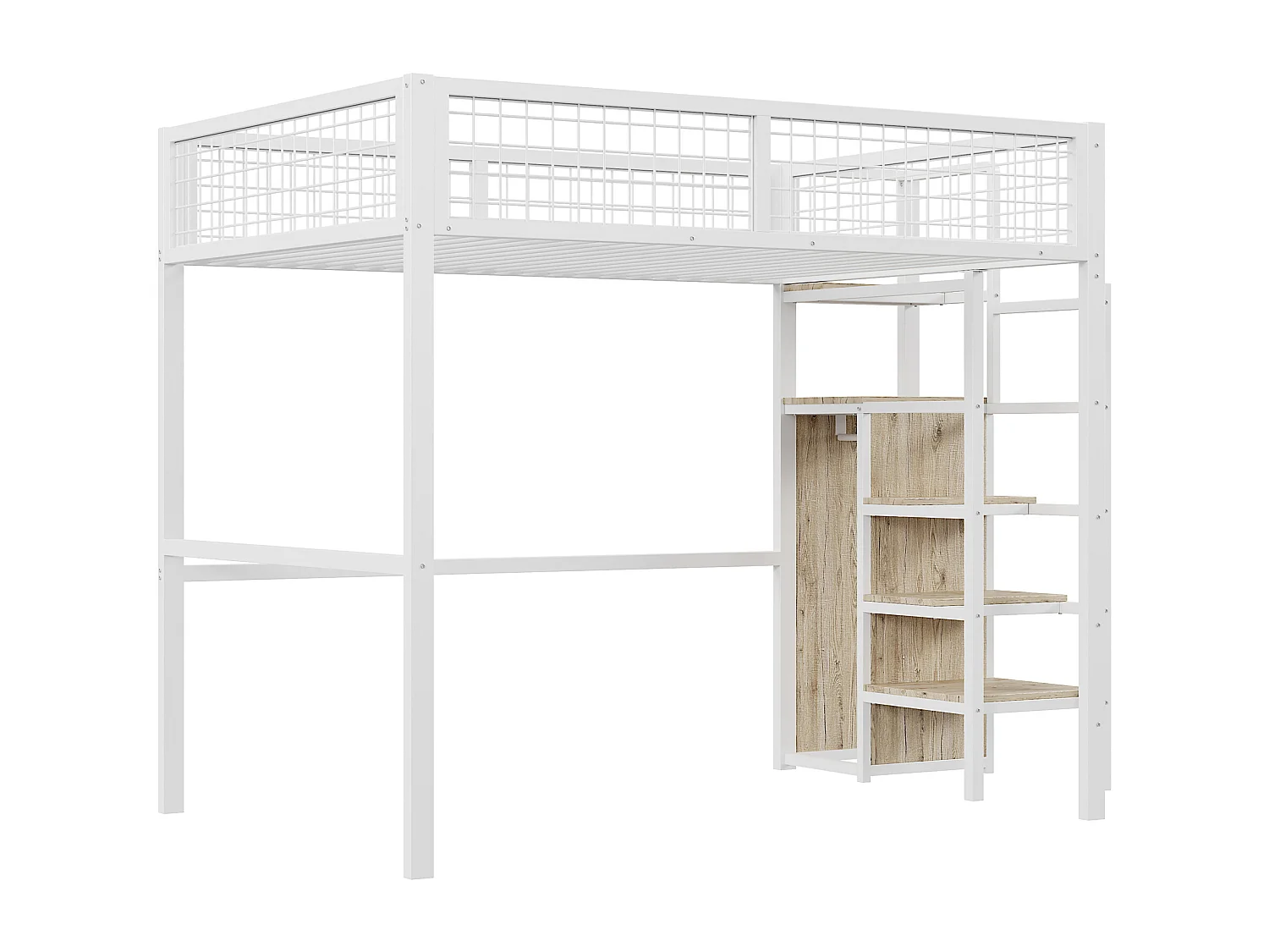 Hochbett 140 x 200 cm – mit Treppe und Kleiderschrank – weiß – Matratze nicht enthalten